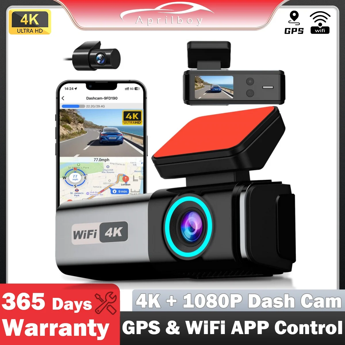 Aprilboy K8 WIFI Car Dash Cam 4K 2160P Car DVR Front and Rear Dual Lens Auto Car Camera with Night Vision G-Sensor 24H Monitor