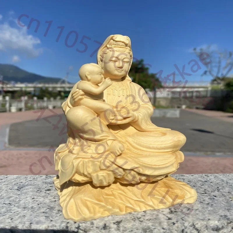 Hand Carved Wooden Sitting Send Son Guan Yin Statue Figurine - Fertility Blessing Bodhisattva Home Temple Altar Shrine Decor