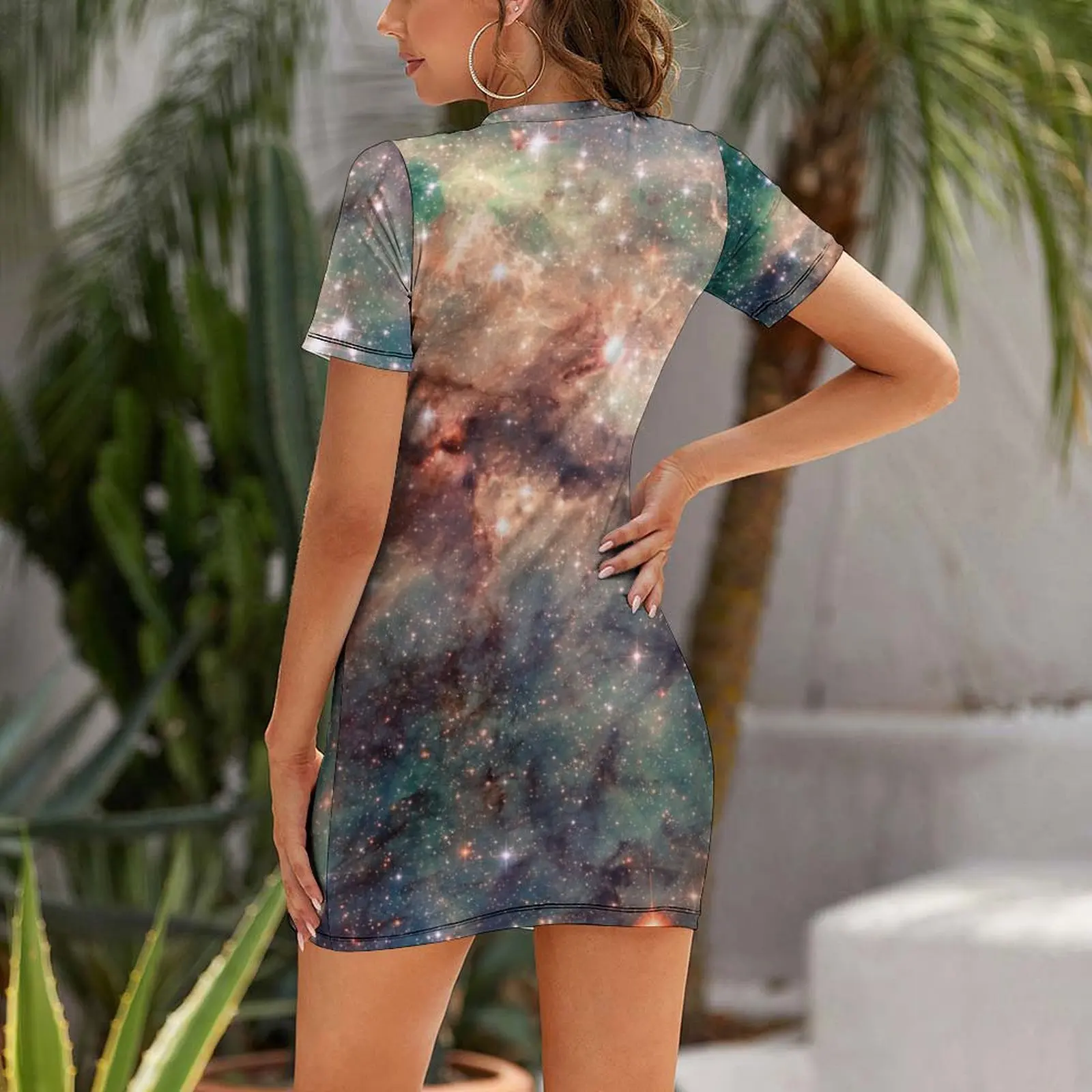 ชุดเดรสแขนสั้นลายเนบิวลาทารันทูลา ชุดราตรีออกงานปี 2025 ชุดเดรสผู้หญิง