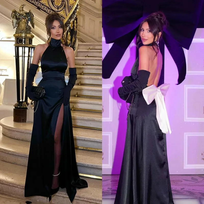 

Sexy Mermaid Black Satin Prom Dress Pleat High Neck Sleeveless Evening Dress Floor-Length High Slit Backless Bow 2025 Customized