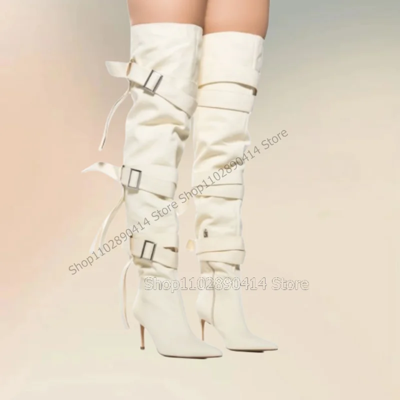 

White Belt Fastener Decor Pointed Toe Boots Side Zipper Women Shoes Thin High Heels Novel Fashion Party 2023 Zapatos Para Mujere