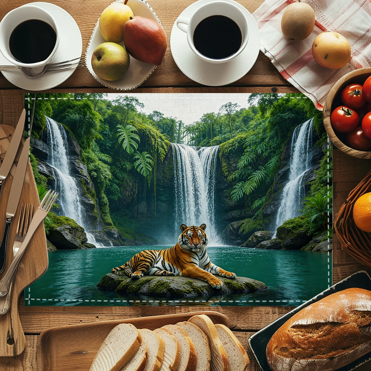 Fresh Garden Floral Grass Pattern Polyester Placemat, Decorative Table Mat for Daily Dining, Home Gathering Table Decoration