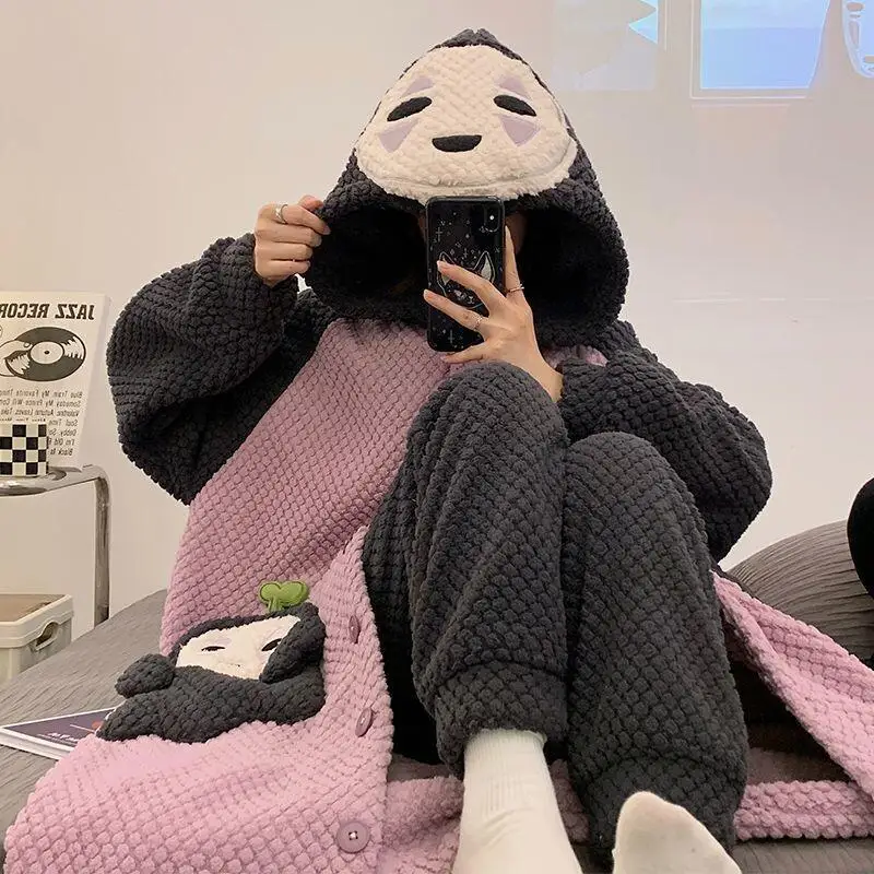 

Women's pajamas Comfortable Sleepwear Cotton Pajama Set winter autumn Coral Fleece Cute Robe Warm Flannel Home Suit