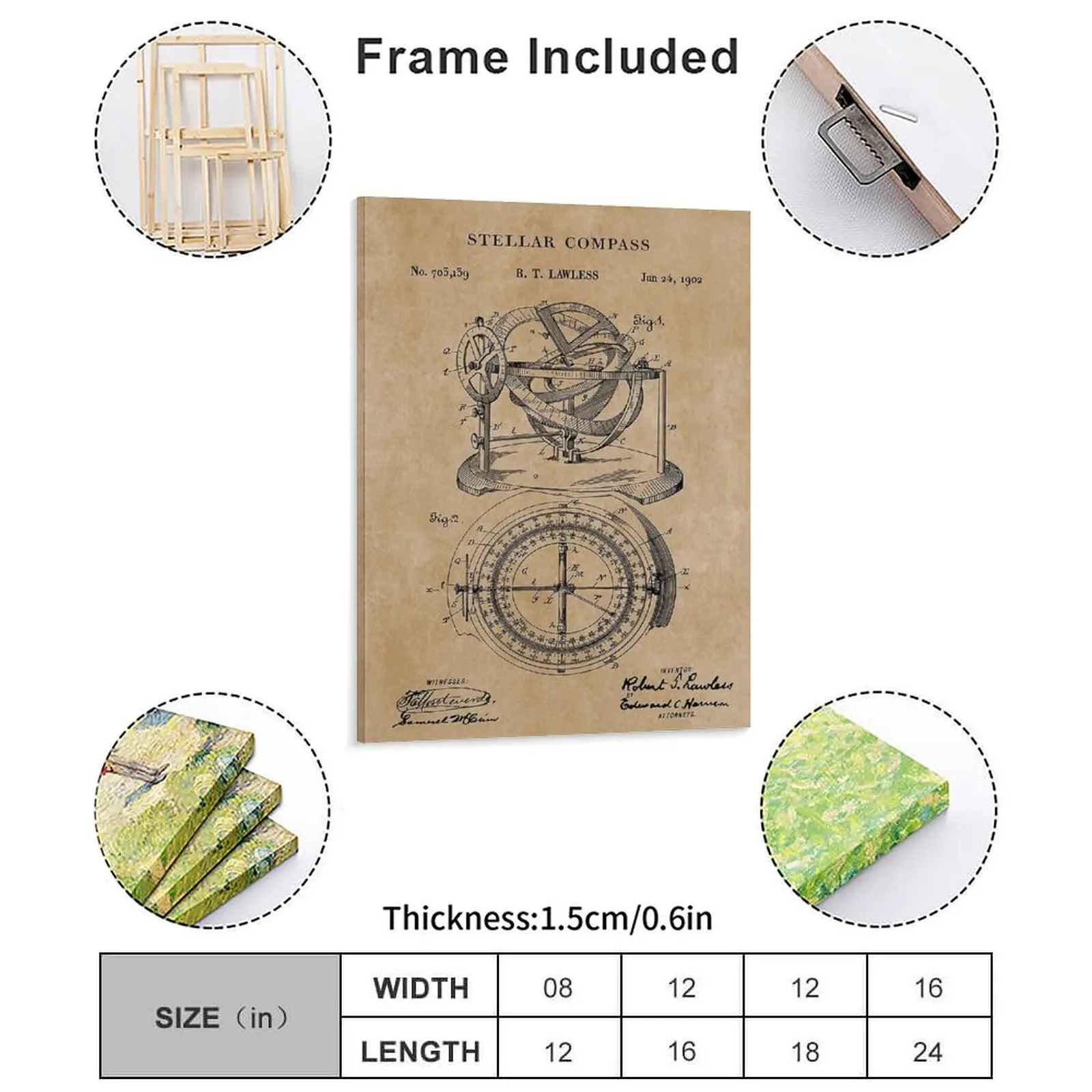Patent Blueprint 1902 Stellar Nautical Compass Canvas Painting Design Living Room Classic Framed Wall Paintings