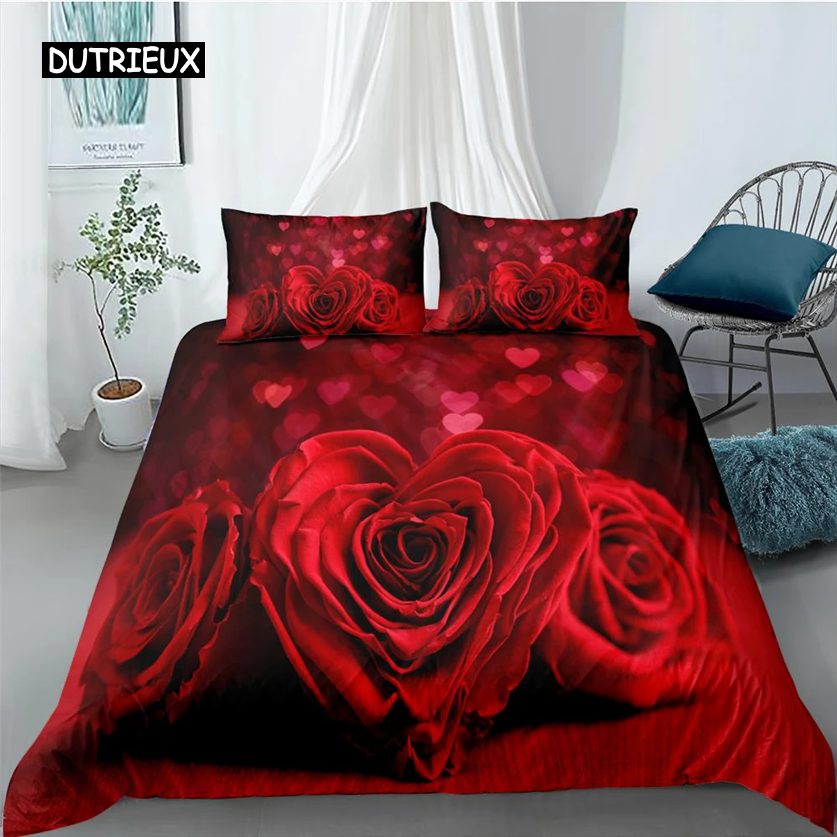 

Valentine's Day Wedding Flower Bedding Set 2/3 Pcs Luxurious Rose Heart Love Queen Twin King Polyester Duvet Cover Pillowcase