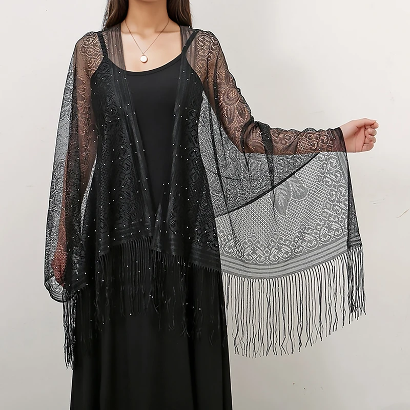 Women Summer Sequin Tassels Shawls Scarf Ladies Long Wraps Thin Hollow Travel Sunscreen Cape Femme Elegant Tippet Stoles