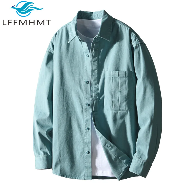 T784 الرجال قميص غير رسمي طويل الأكمام النمط الياباني لون نقي 100% القطن فضفاض مريح قميص رجالي ملابس يومية بلايز #1