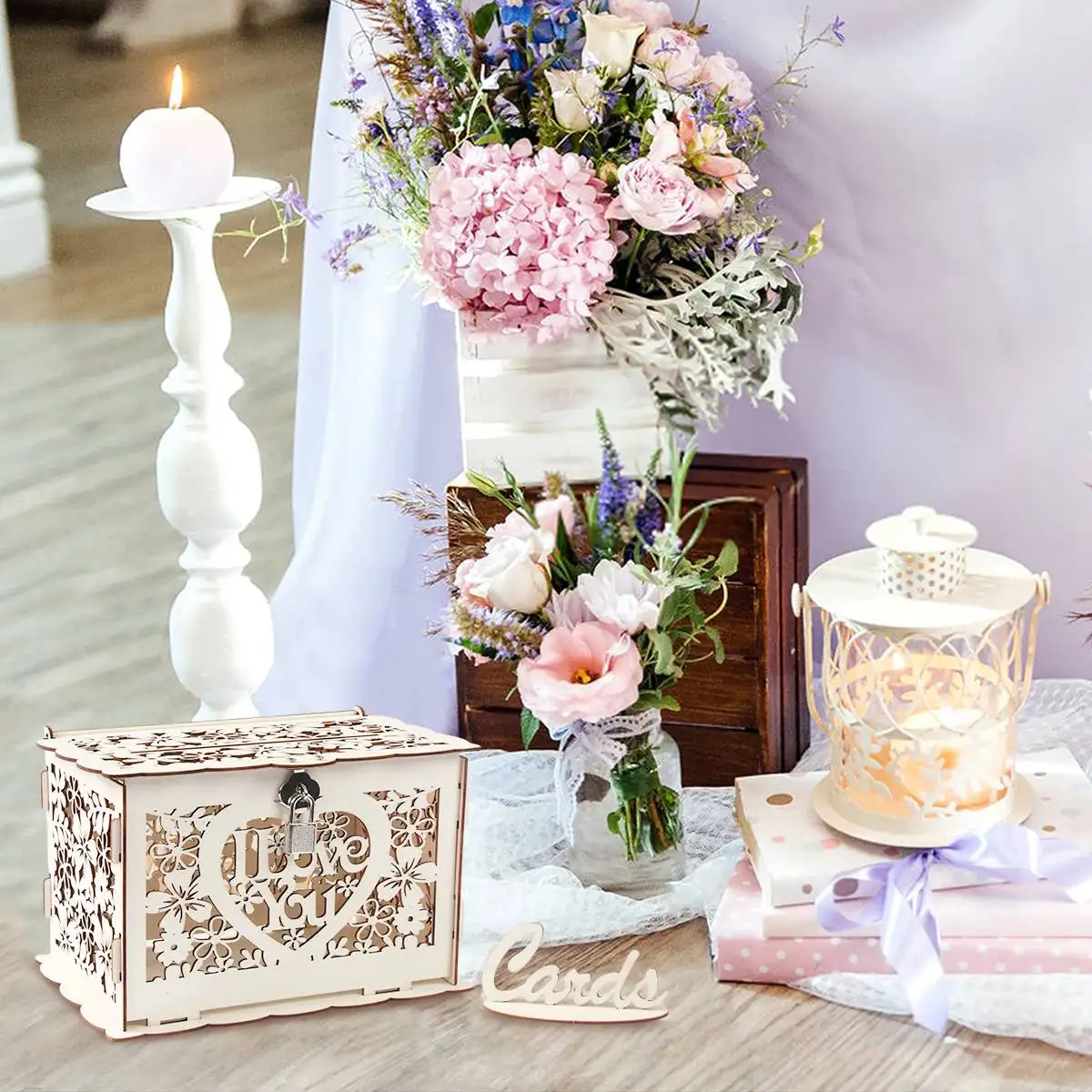 Wedding Gift Card Box Check-in Box Wooden Money Box with Lock DIY Beautiful Wedding Decoration Wedding Party Supplies