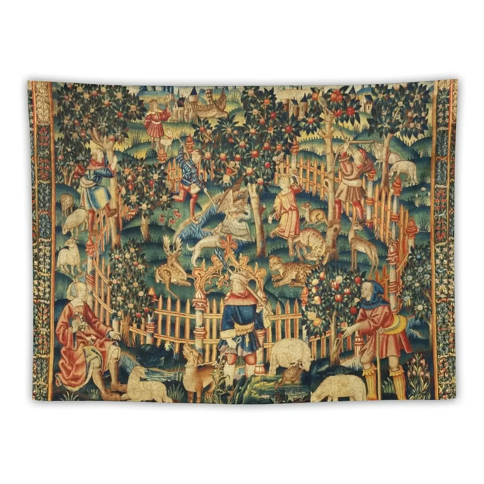 MEDIEVAL HUNTING OF BIRDS WITH HAWK AND A BOW, DOGS ,ANIMALS Antique Tapestry Decorative Wall Murals Tapestry