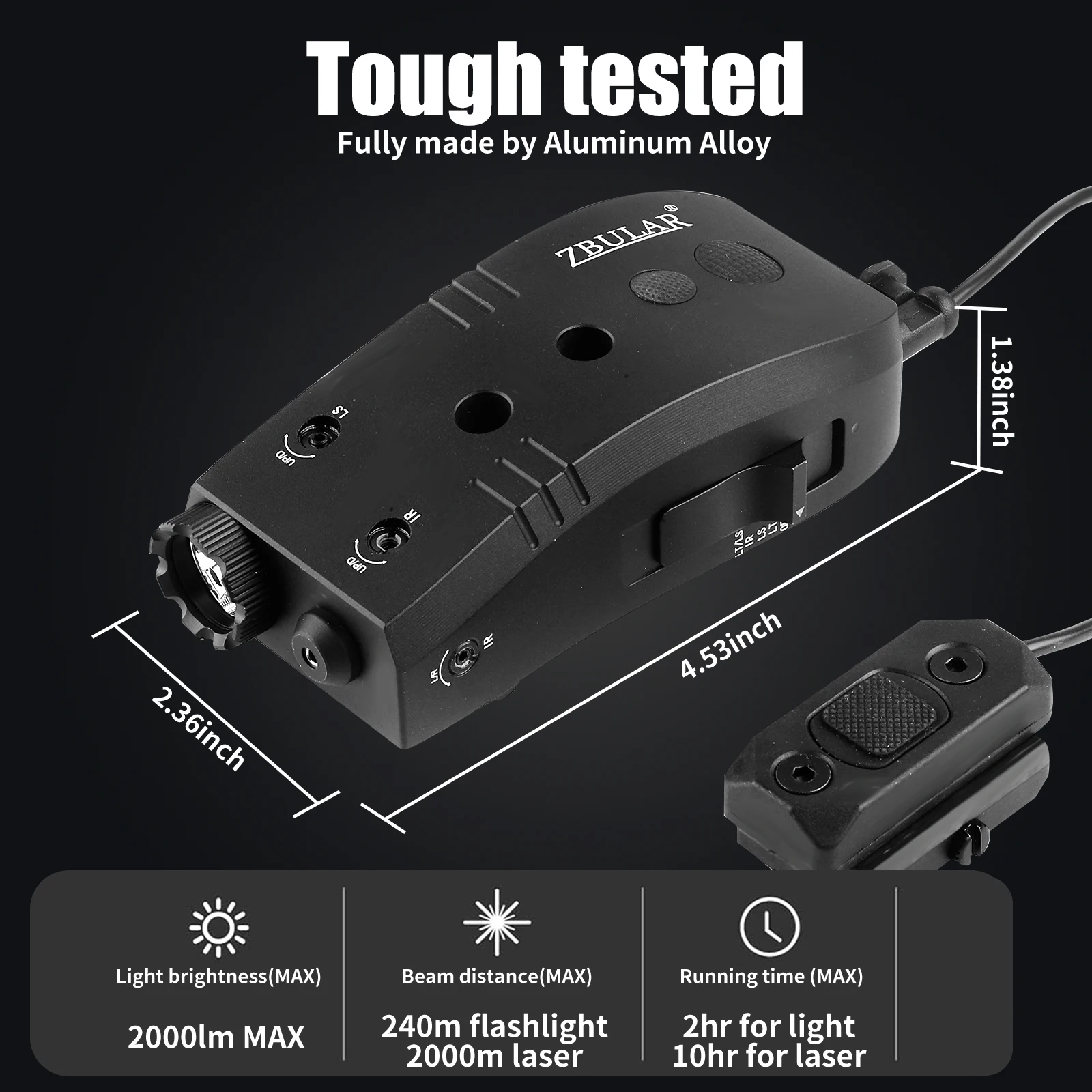 Тактический фонарик Mlok и Пикатинни, 2000 люмен, зеленый лазер, инфракрасный (ИК), лазер 3 в 1, комбинированный, с дистанционным переключателем давления