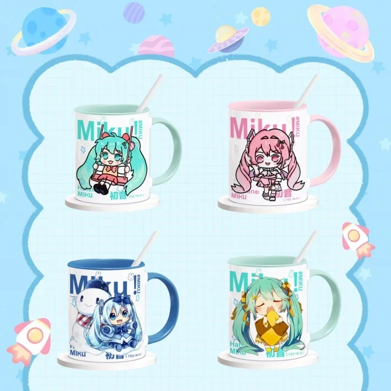 Kawaii Hatsune Miku Water Cup Anime Peripheral Cute Cartoon Coffee Cups with Spoon Lid Ceramic Cups Size 9.5x8cm Mixing Cup New