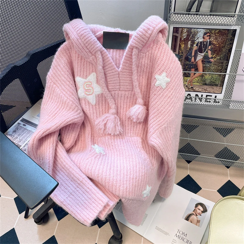 Women Pink Pullover Hooded Knit Sweater Harajuku Aesthetic Y2k Long Sleeves Star Sweaters Elegant Vintage 2000s Fashion Clothes