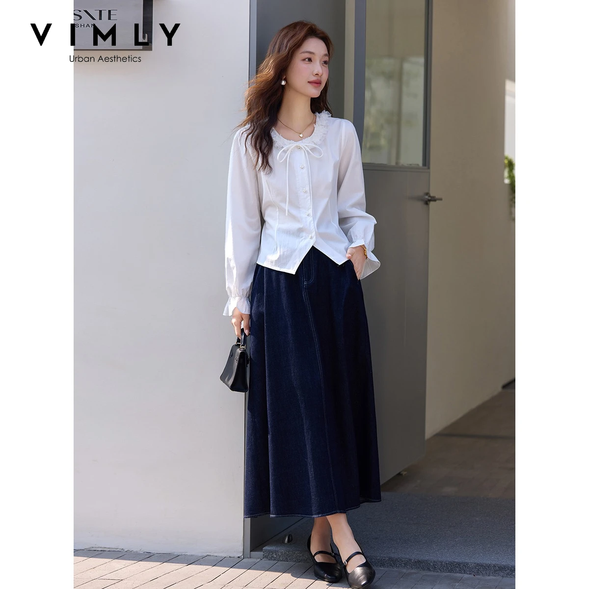 VIMLY Commuter Blue Cotton Long Sleeve Shirt for Women 2026 Autumn New Ruffled Tie Round Neck Blouse Fashion Female Top 30800