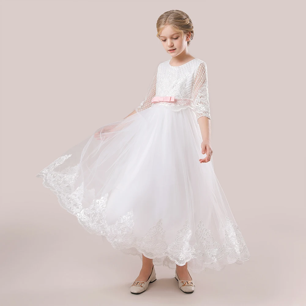 Teen Weiß Spitze Brautjungfer Kleider Halbe Hülse Kinder Kostüm Erste Kommunion Hochzeit Kleid Für Mädchen Prinzessin Abendkleid