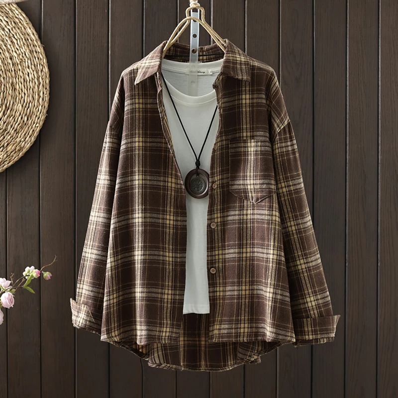 Autumn New Vintage Plaid Casual Shirt Long Sleeve Loose Women's Open Cardigan Thin Outerwear Top Commute Style Cotton Blend