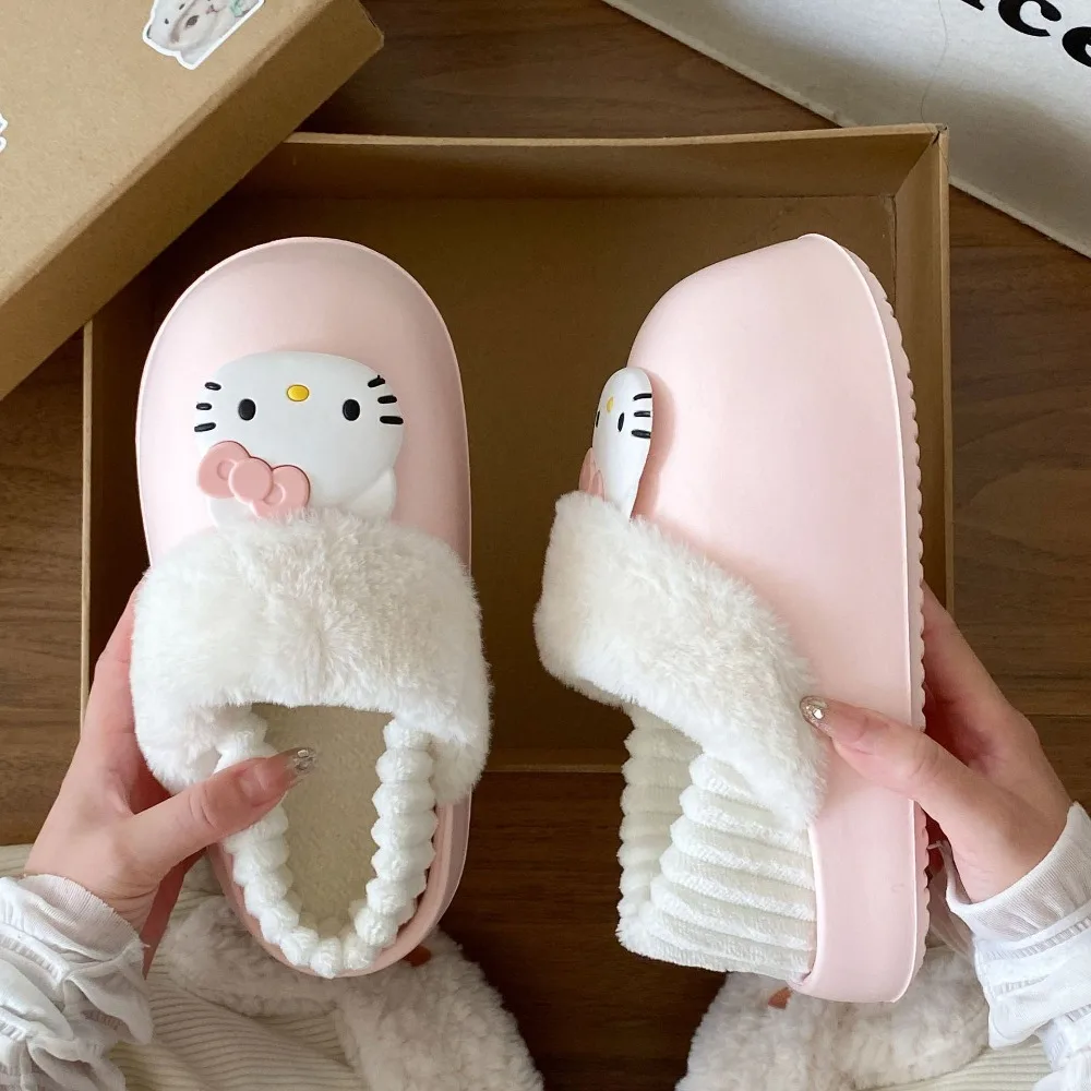 

Kawaii HelloKitty женские хлопковые тапочки осень и зима новые домашние водонепроницаемые плюшевые хлопковые тапочки из ЭВА с мягкой подошвой