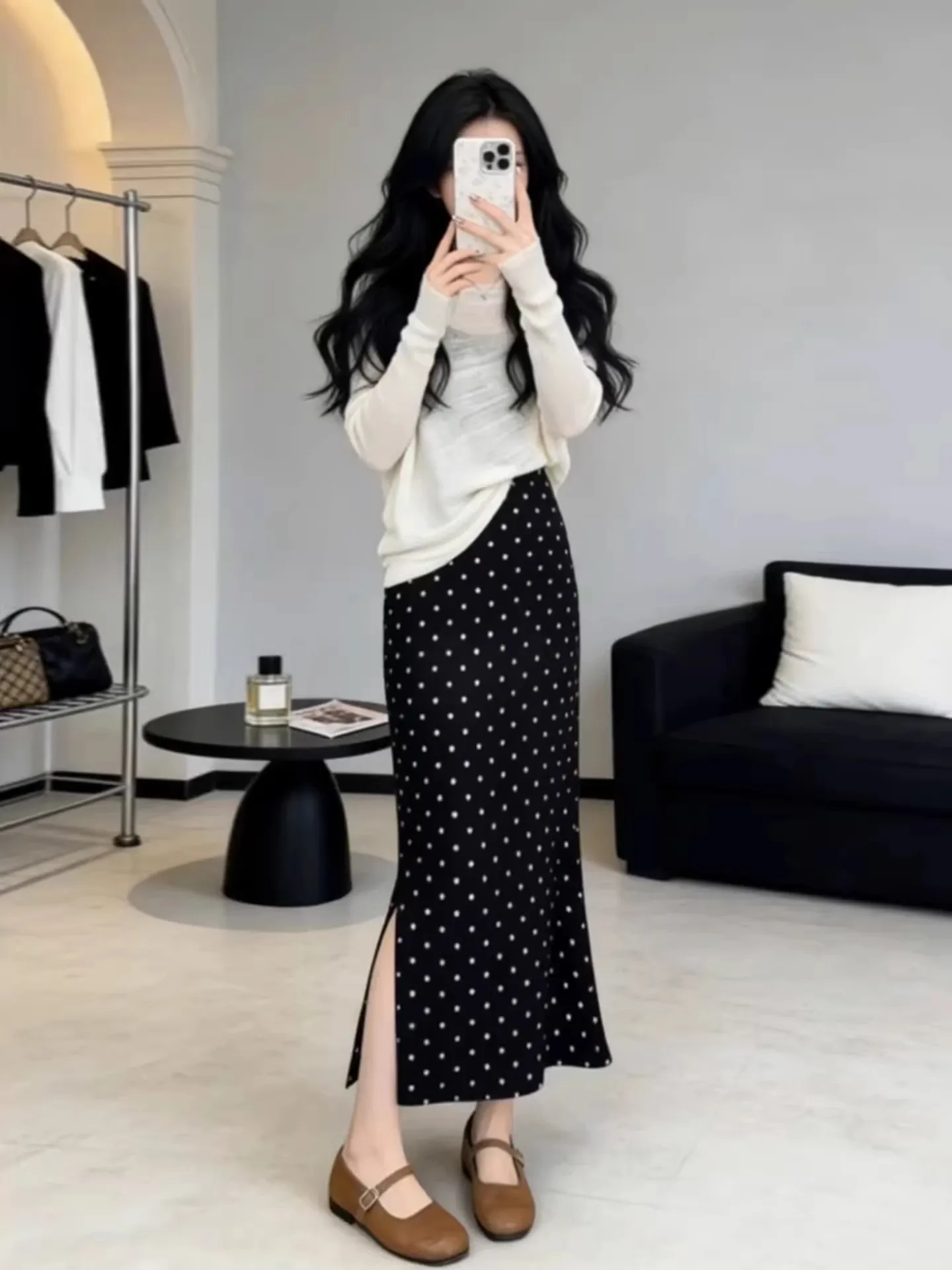 

Black Polka Dot Dress And Sunshade Shirt Women's Summer Fashion Set Long Skirt Casual Style High Waist Wide Leg Pants