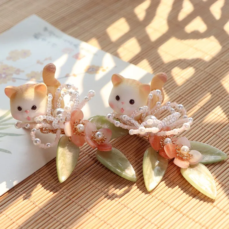 Orange Tabby Cat Original Cute Cat Hanfu Barrettes Girl Side Clip Hair Accessories