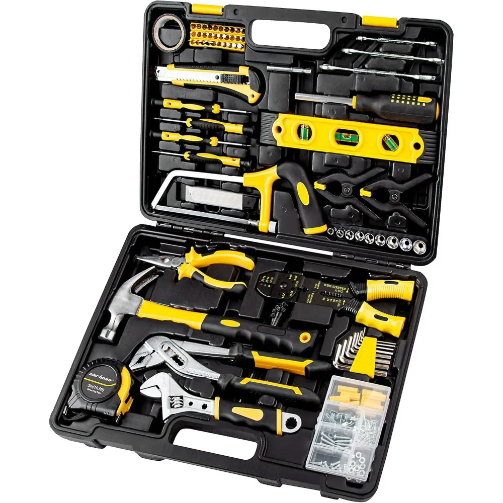 

Comprehensive 218-Piece Household Hand Tool Kit with Yellow Plastic Storage Case