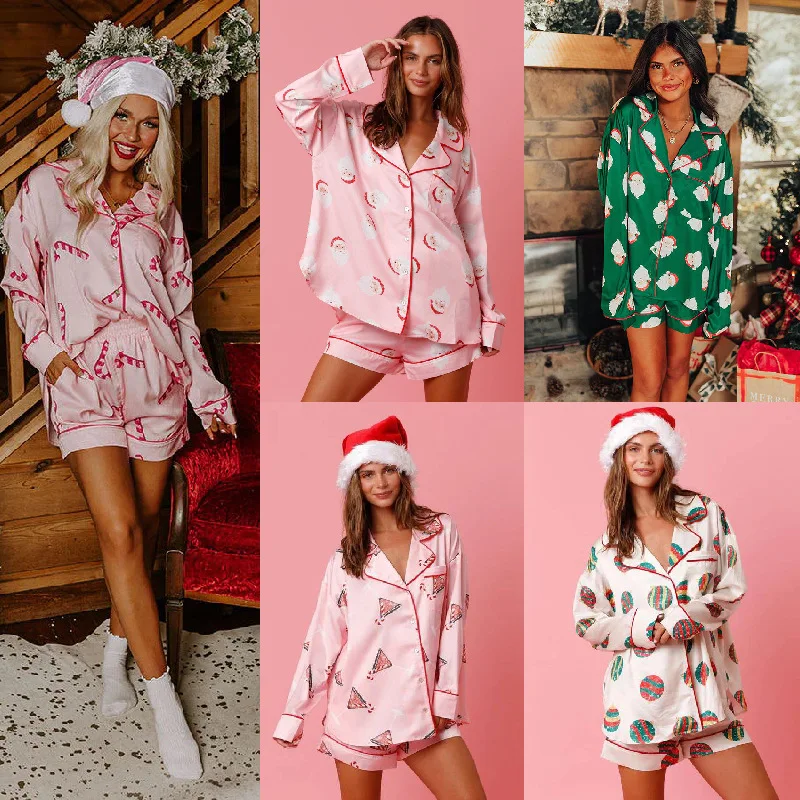 

BWQ Women's 2Pieces Print Loungewear Pajamas Set Short Sleeve Lapel Button-up T-Shirt Tops + Wide Leg Shorts