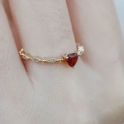 Cute Romantic Red Heart Crystal Opening Rings for Women Luxury Gold Color Stainless Steel Zircon Wedding Bride Finger Jewelry