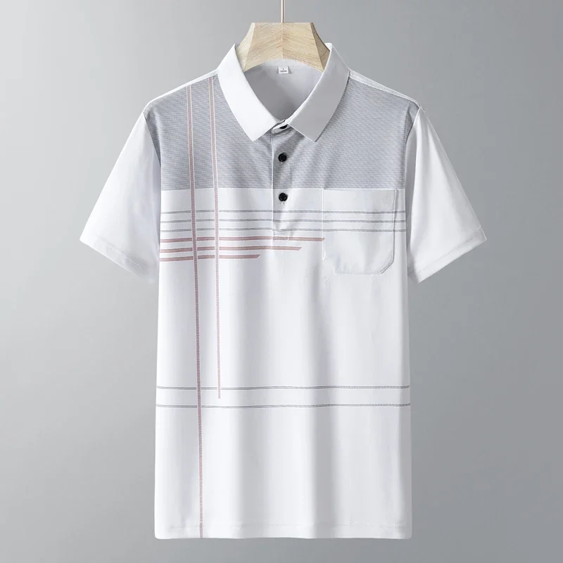 Short Sleeve Men's Striped Pockets Button Solid Turn-down Collar Pullover Summer England Style Casual Formal T-shirt Tops WT27