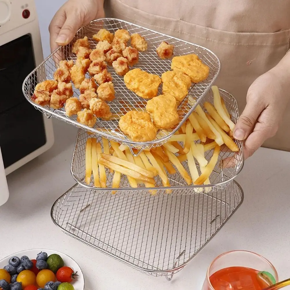 New Stackable Air Fryer Rack Non-Stick Stainless Steel Airfryer Tray Grill Basket Kitchen Gadgets