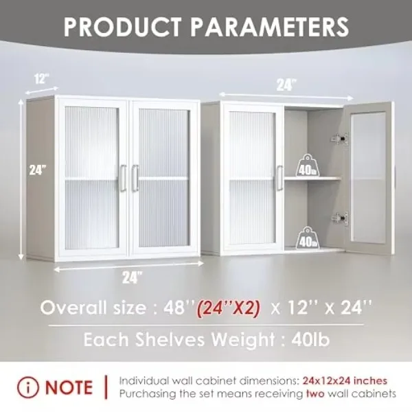 White LED Wall Storage Cabinets with Adjustable Shlelf | Upper Kitchen Cabinets with 4 Acrylic Glass Doors for