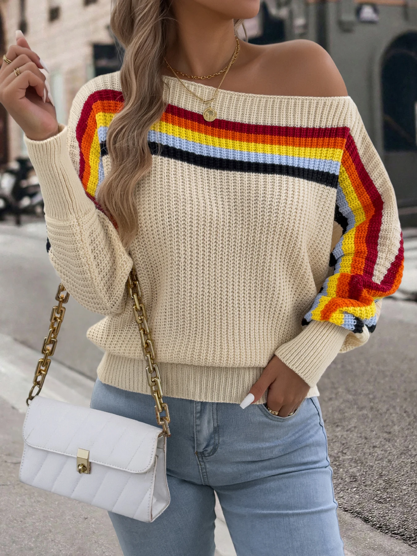 

2025 Fashion Contrast Color Striped Sweaters Women Autumn Winter Casual Round Neck Lantern Long Sleeve Knitted Pullover