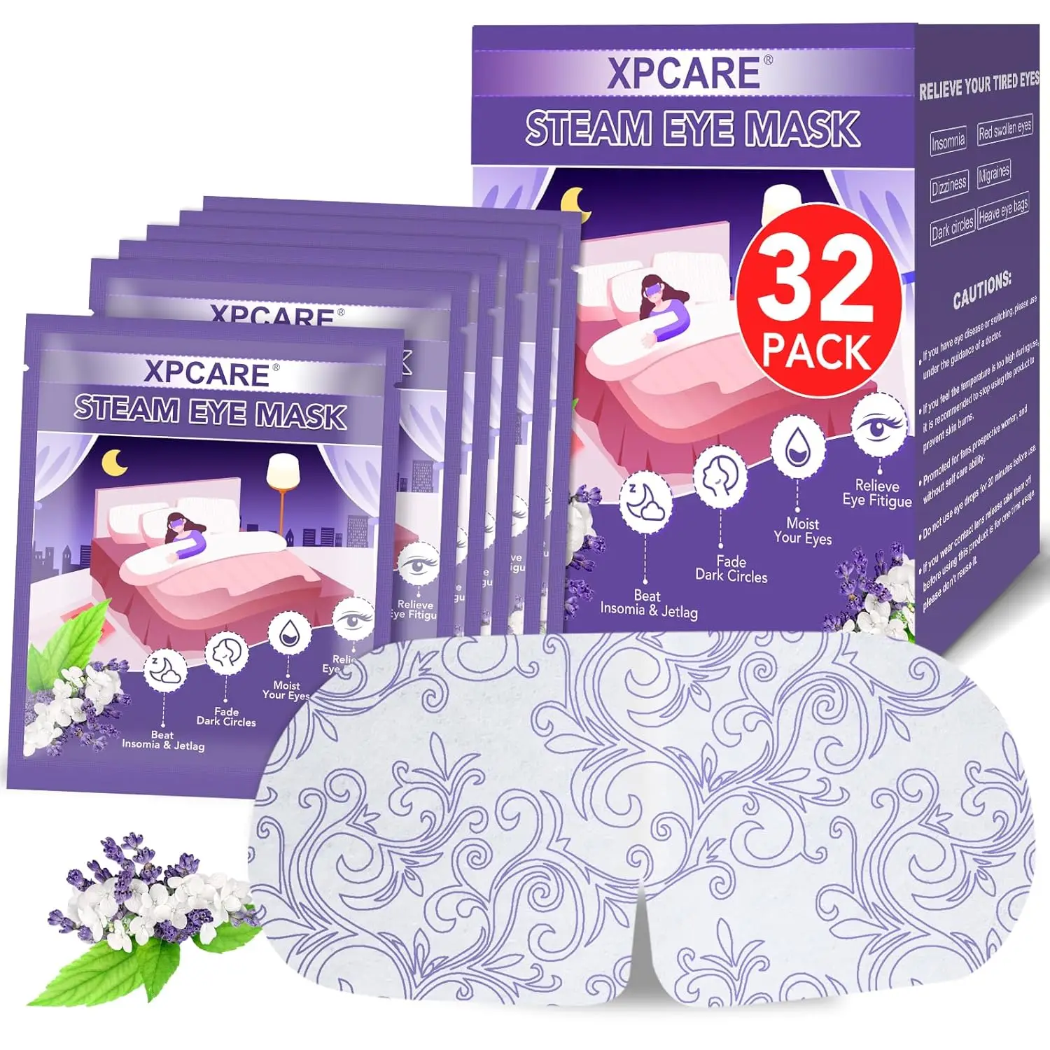 

32 Pack Steam Eye Masks for Dry Eyes, Warm Sleep Mask, Disposable Heated Eye Mask for Dark Circles & Puffy Eyes (Lavender)