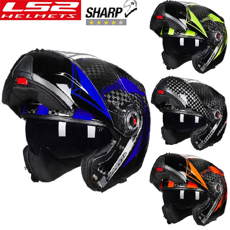 LS2 12K Carbon Fiber Flip Up Motorcycle Helmet Double lens helmet Racing off-road helmet Cascos para moto Capacete Casco moto