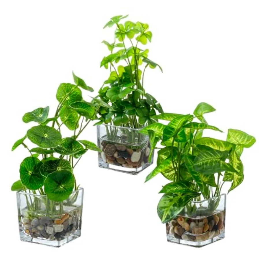 

Set of 3 Artificial Plants in Clear Glass Pots Small Faux Tabletop Greenery Decor for Home Office or Shelf Display Green Realis