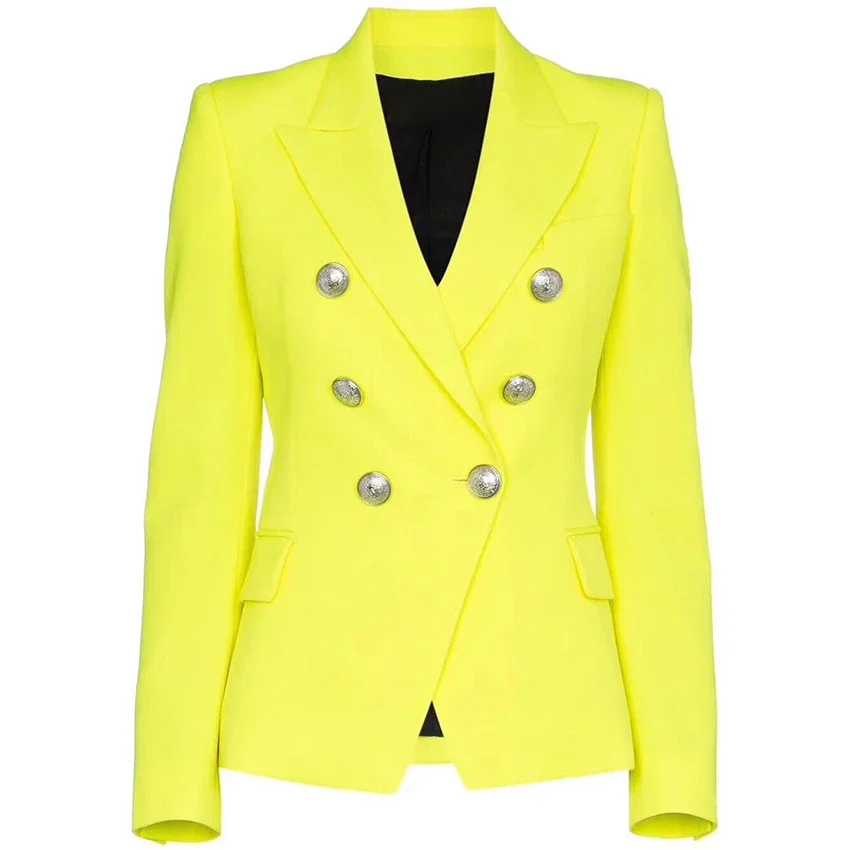 2023 HIGH QUALITY Newest Fashion Designer Women's Lion Buttons Double Breasted Fluorescence Yellow Blazer Jacket