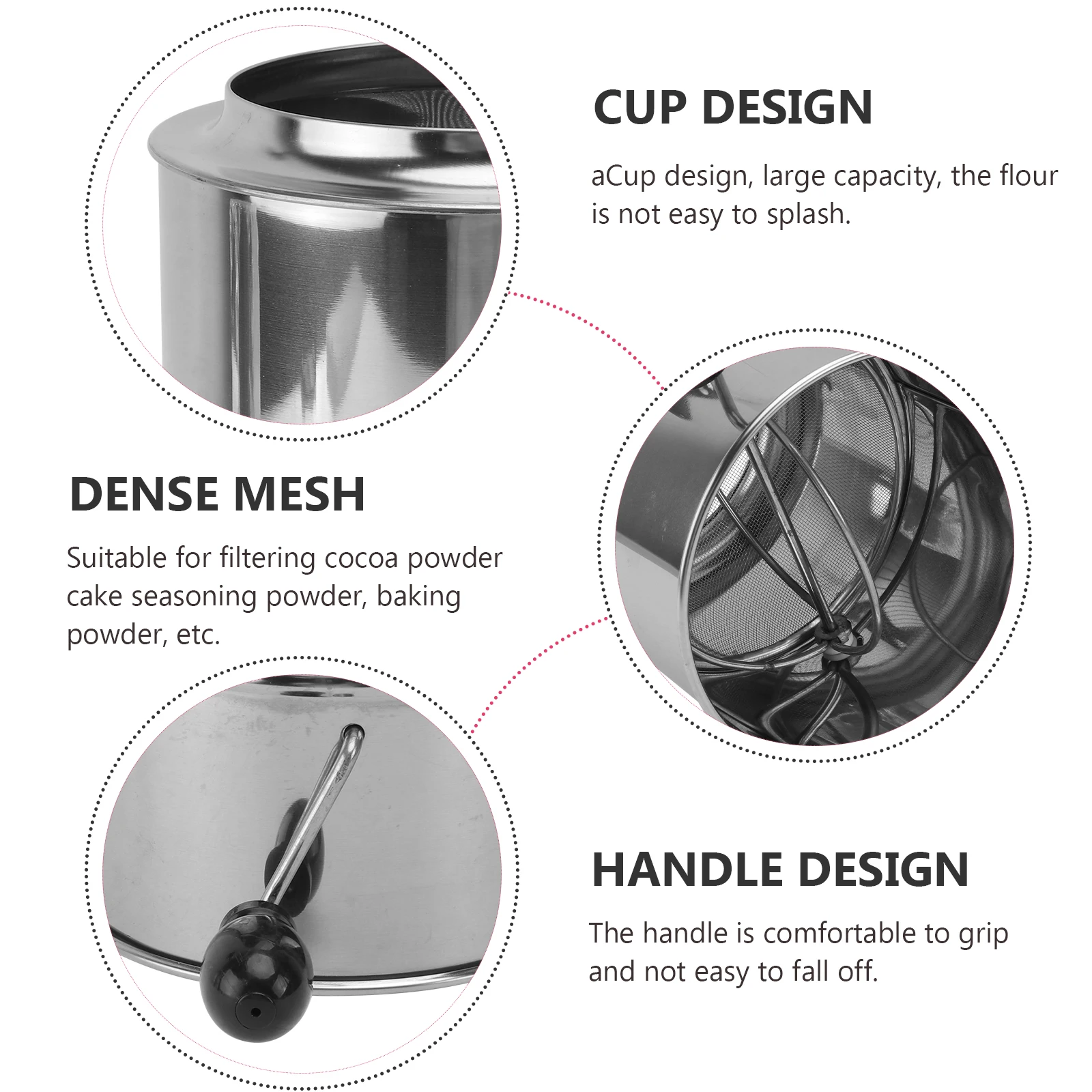 

Stainless Steel Flour Sifter Sieve Dense Mesh Large Capacity Comfortable Grip Portable Filter Strainer for Baking Powder Cocoa