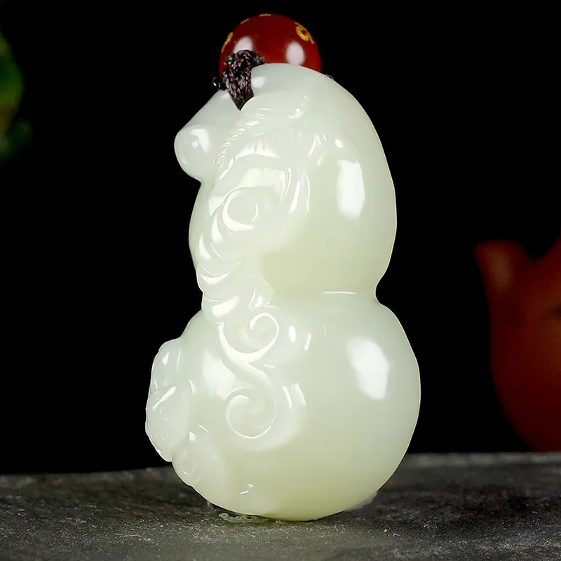 

Fine Jewelry Natural Hetian Nephrite Jade White Jade Blessing and Longevity Double Full Gourd Jade Pendant for Men and Women