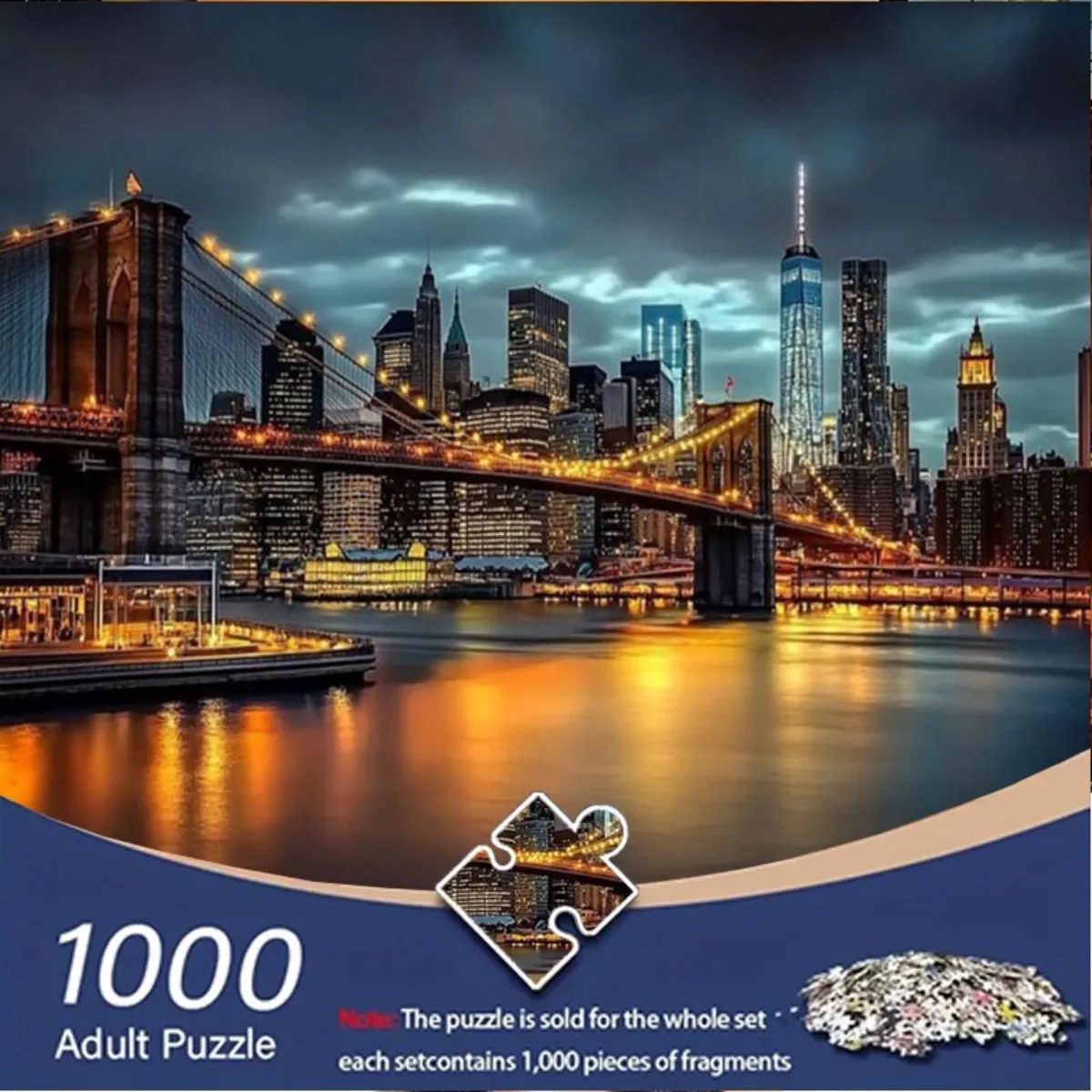 1000pcs New York City Skyline Jigsaw Puzzle - Nighttime Manhattan Bridge & One World Trade Center with Brooklyn Bridge, 1000pc