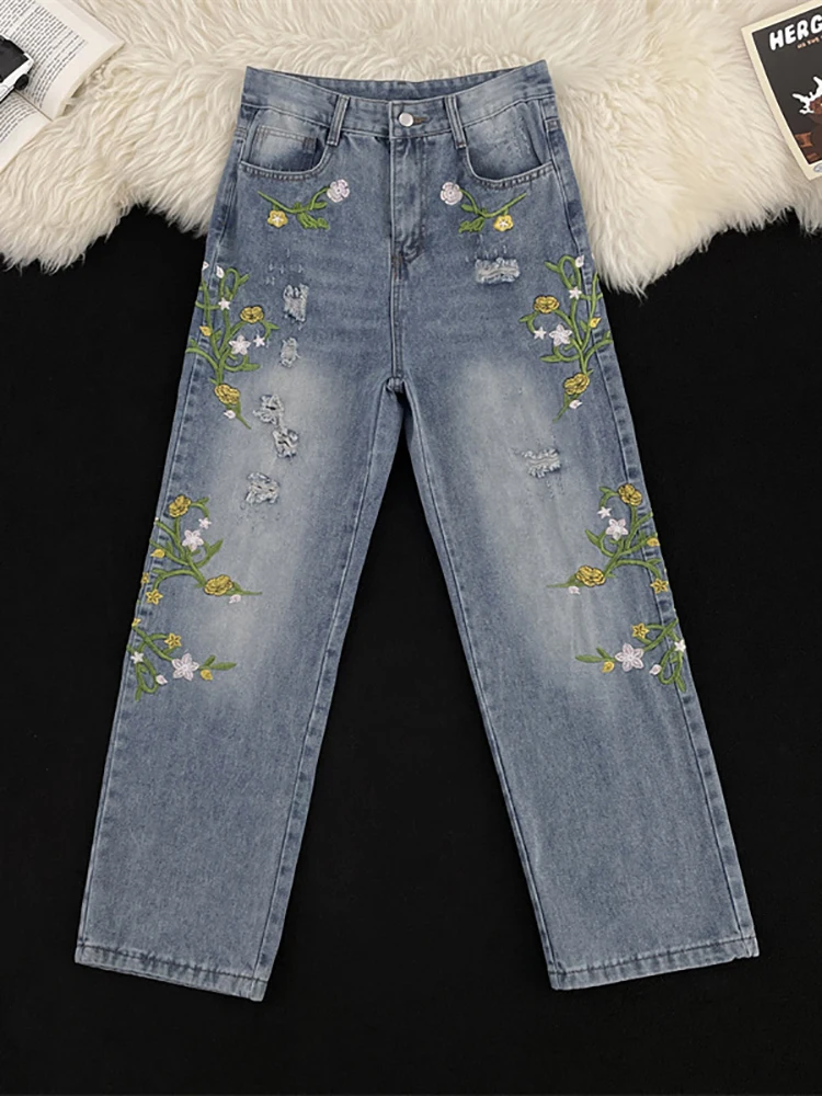 

Мужские джинсы с цветочной вышивкой, весенне-осенние потертые прямые джинсовые брюки, повседневные модные американские винтажные брюки High Street