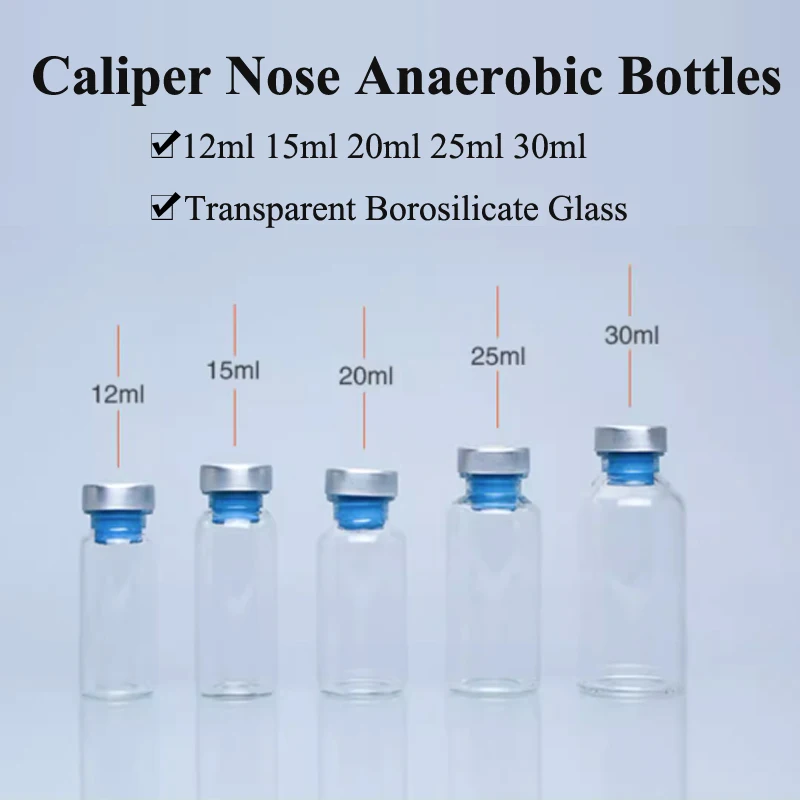 

12ml 15ml 20ml 30ml Caliper Nose Anaerobic Bottles with Butyl Gel Control 20mm Standard Clamp Bottle Clear Borosilicate Glass