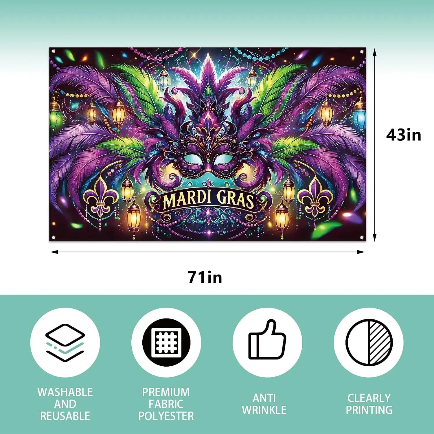 Mardi Gras Photography Backdrop Banner, New Orleans Carnival Fat Tuesday Masquerade Party Home Celebration Background Decor