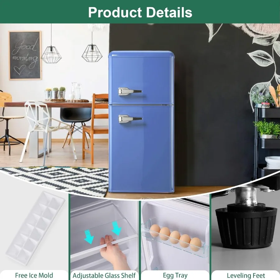 ثلاجة ريترو ميني 3.2 مكعب. قدم. ثلاجة صغيرة مع فريزر ريترو ستايل مع ترموستات قابل للتعديل 7 مستويات مدمج عتيق 2-