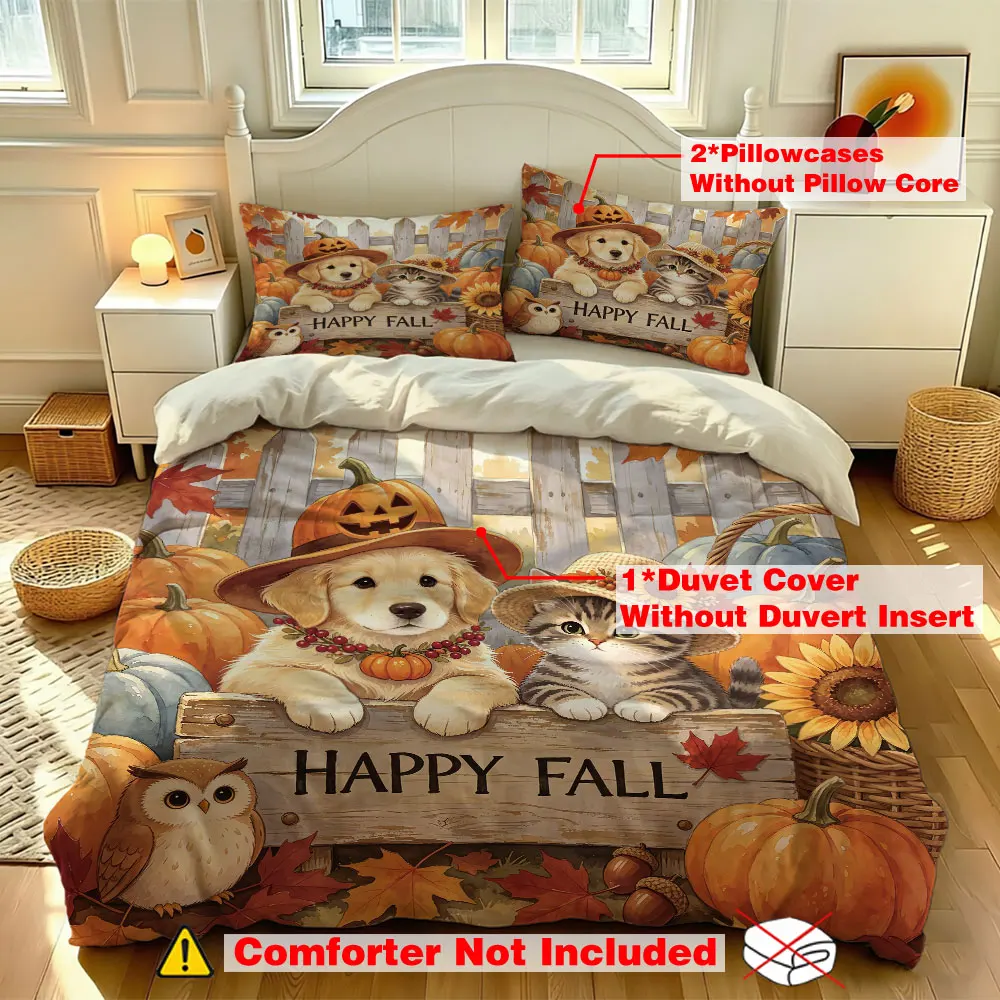 3pcs(1 duvet cover + 2 pillowcases, coreless)HAPPY FALL pumpkin cat dog sunflower autumn multiple sizes