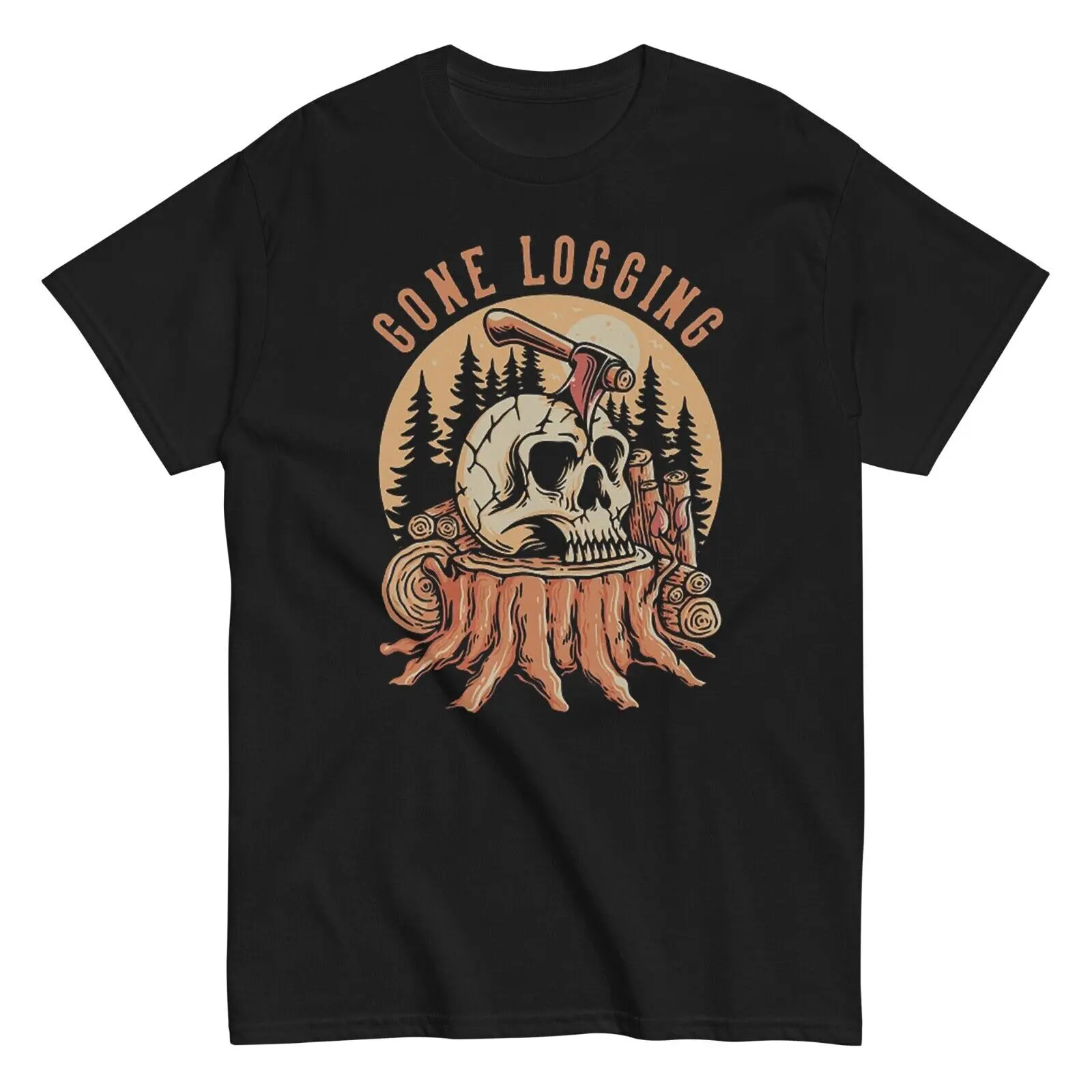 Men's T-Shirt Gone Logging Ax Stuck on Skull Graphic Art Tee