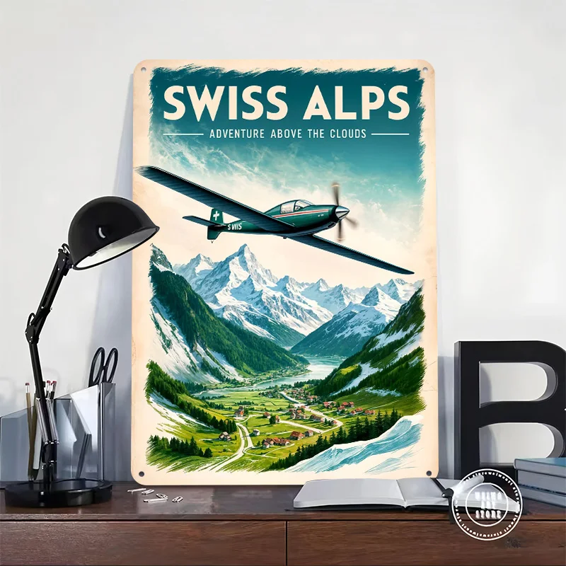 Vintage Travel Swiss Alps Adventure Metal Poster Custom Wall Art Retro Vintage Tinplate Signs for Man Cave Decoration Bedroom