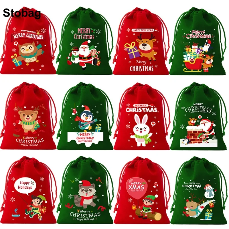 

StoBag 6/8/9/12pcs One Set Merry Christmas Velvet Drawstring Bag Small Gift Storage Packaging Bundle Pocket Kids Pouch Party
