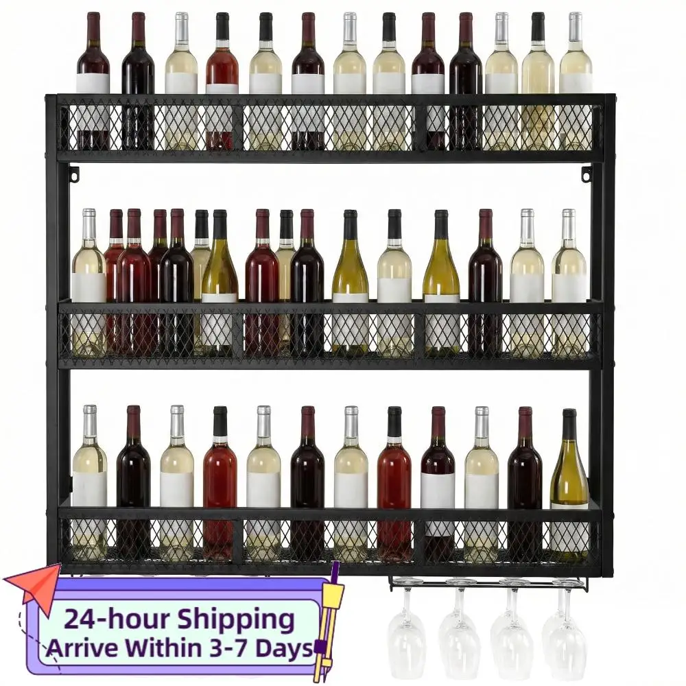 

Настенная винная полка 39 дюймов с держателем для бокалов, 3-ярусная, для бутылок с алкоголем, органайзер для хранения и демонстрации для дома, кухни, погреба