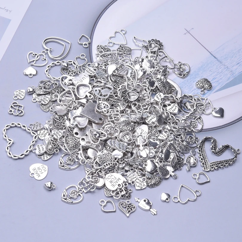 Mix Antique Silver Color Various Heart Alloy Pendant Hollow Charm DIY Vintage Earrings Jewelry Making Craft Bracelets Accessory