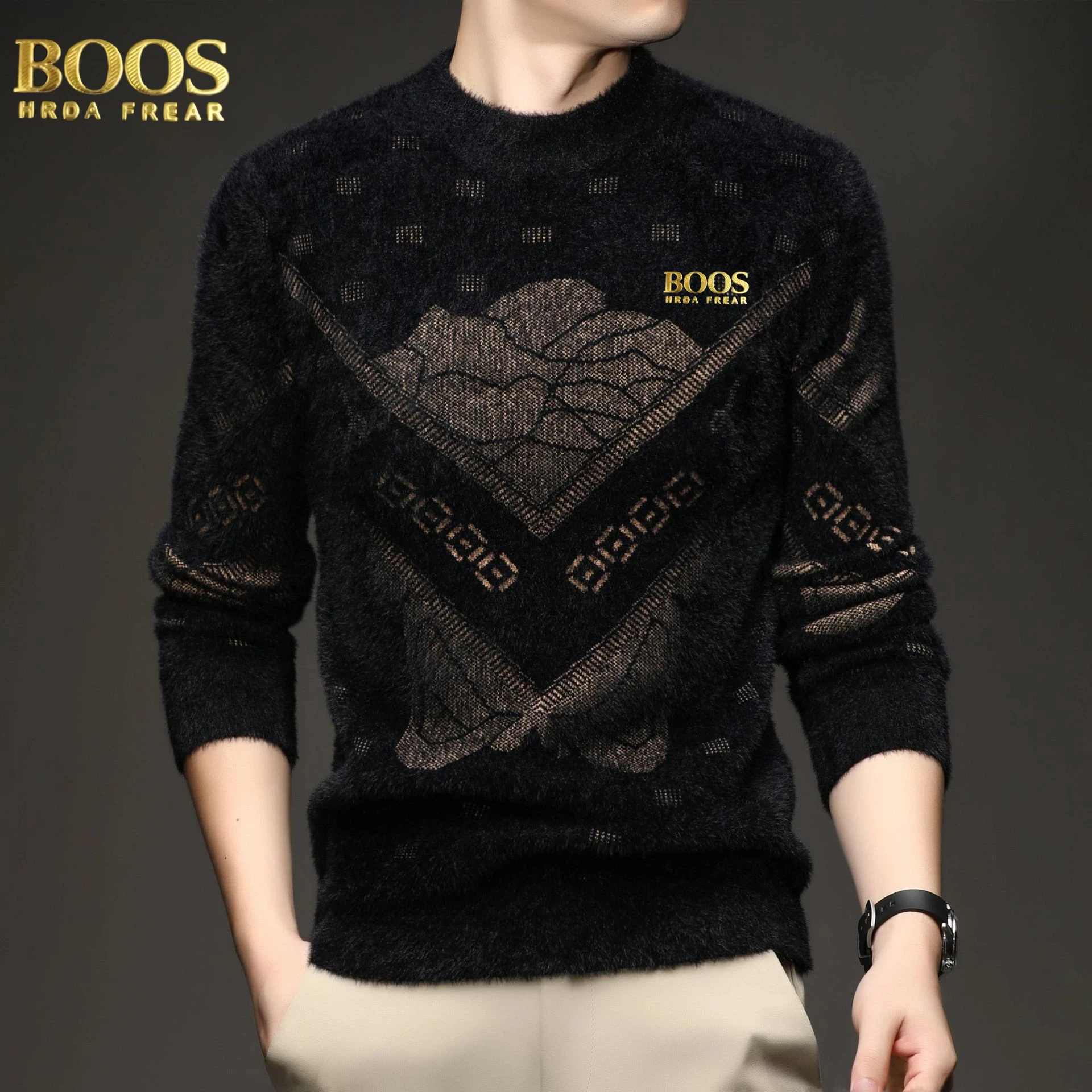 الشتاء الرجال الثقيلة تقليد المنك المخملية سترة تدفئة قاع قميص طويل الأكمام جولة الرقبة بالإضافة إلى سترة سميكة المخملية #3