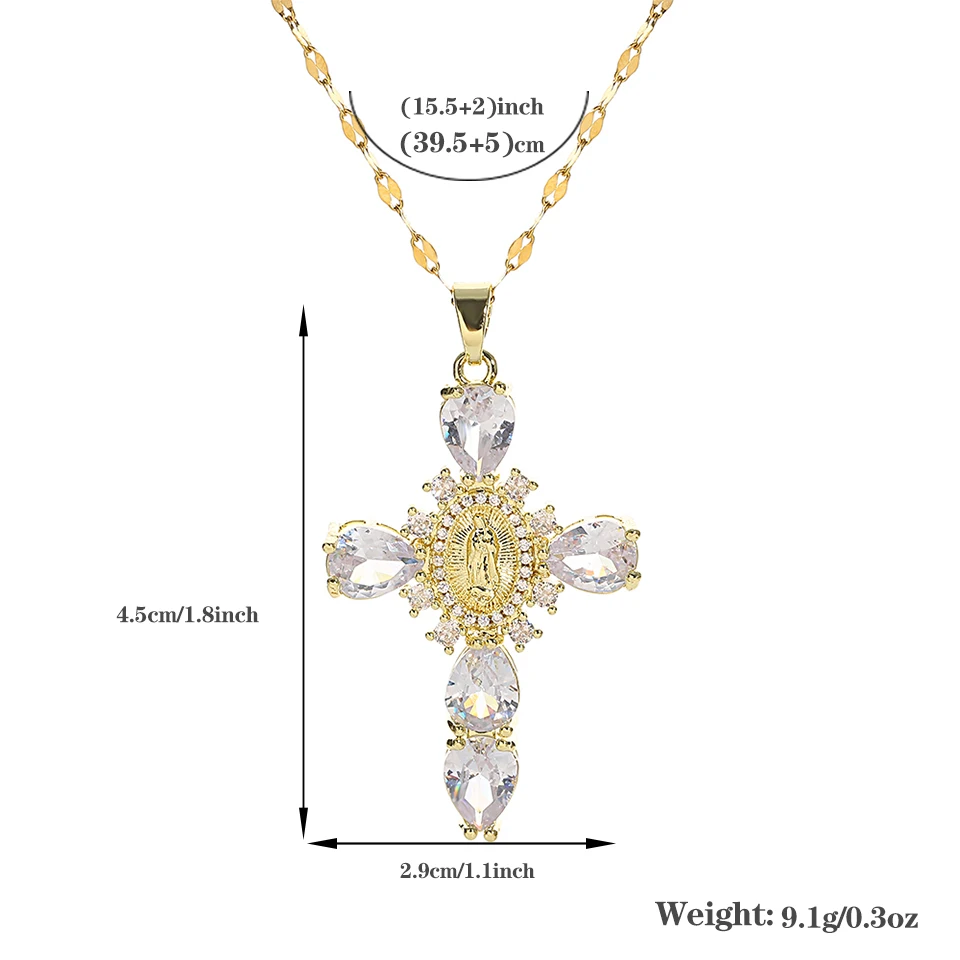 Fashion Cubic Zirconia Jesus Mary Crystal Zircon Cross Pendant Necklace For Women Charm Female Religious Stainless Steel Jewelry