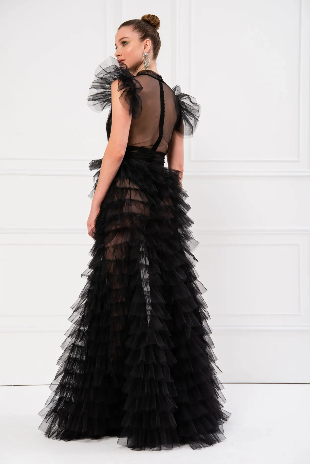 FORMALS Charming Sexy Black Illusion Tulle Maxi Dresses Women To Party Fluffy Tiered Tulle Long Robe A-line Ruffles Mesh Prom Go