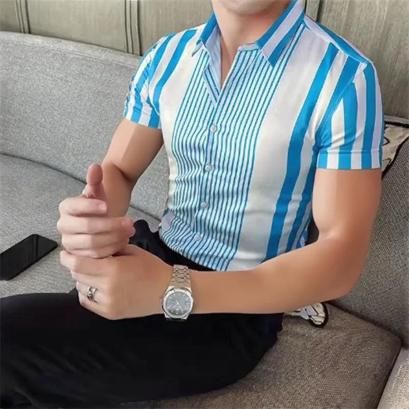 

10 Colored Stripe Men's Shirt Large Size Breathable Casual Men's Top Comfortable Fabric Short Sleeve Shirt Lapel Quick Transport